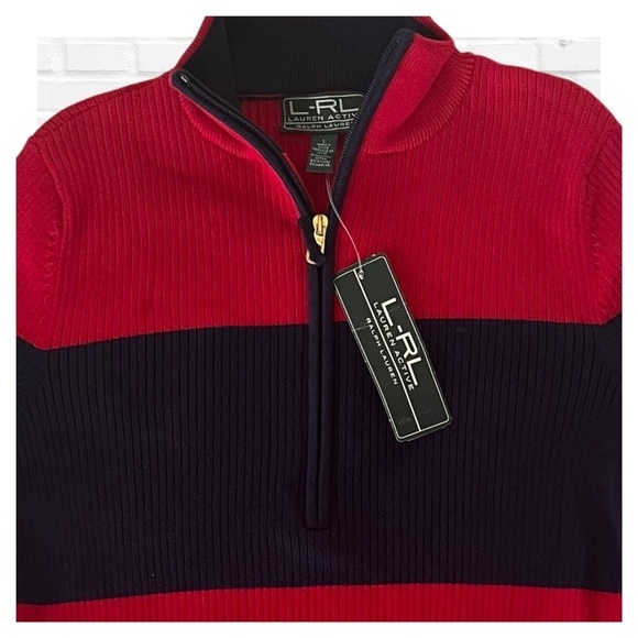 Lauren Ralph Lauren Active Rugby Preppy Old Money Sweater Red Blue Stripe Mock - Picture 3 of 6